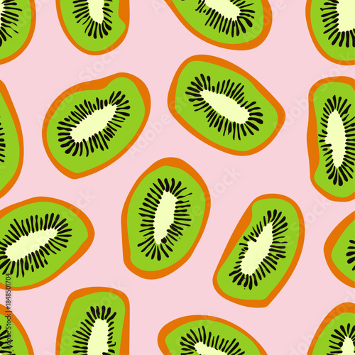Kiwi Fruit Slices Seamless Pattern in Bright Green Colors