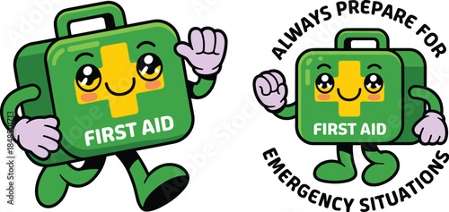Cute first aid kit character walking and waving for medical emergency safety awareness and healthcare education mascot illustration set for pharmacy branding and pediatric health clinic design