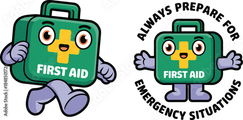 First aid kit mascot character walking with emergency preparation slogan medical healthcare vector illustration for child safety education health awareness campaign and hospital marketing design