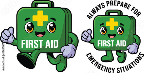 Happy first aid kit mascot character walking with thumbs up for emergency preparedness safety education medical healthcare awareness campaign and school health services graphic design resource