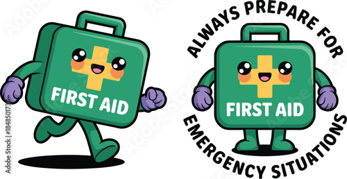 Cute cartoon first aid kit character running and standing with emergency preparedness text for medical safety education and health awareness campaign branding illustration in vibrant modern style