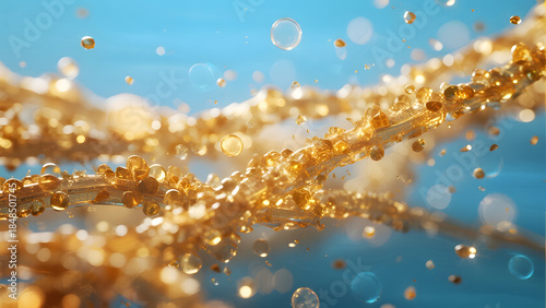 Golden liquid splash, dynamic motion, clear bubbles, vibrant blue background, refreshing energy