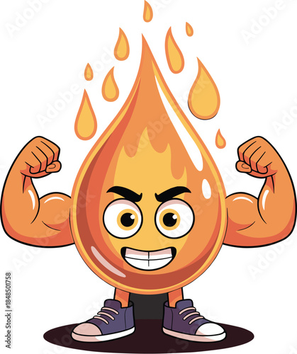 Strong fire drop mascot character with muscular bicep arms flexing power for energy and heating industry branding fuel efficiency and powerful thermal performance concept illustration on dark backgrou