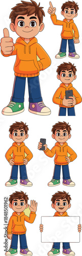 Cartoon boy character set with various poses and expressions showing thumbs up holding smartphone and blank sign for education marketing and social media communication mascot design illustration