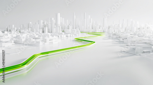 Smart City Concept with Green Path and Copy Space, Minimal 3D Illustration