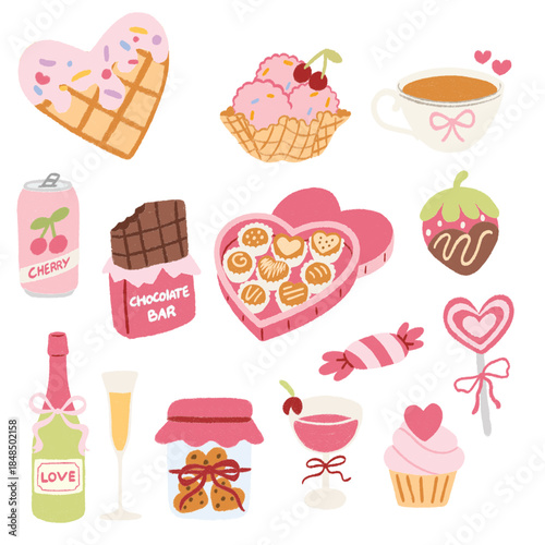 Set of sweet valentine dessert. Tea, cookies, cupcake, box of chocolate, bir and wine. Bakery love symbol