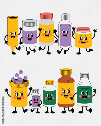 Cute cartoon pill bottles characters with happy faces in retro rubber hose art style dancing and waving for healthcare education pharmacy marketing medical mascot illustration for pediatric care