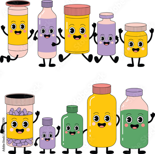 Cute medicine bottle characters with happy faces for pharmaceutical healthcare marketing colorful cartoon pill containers illustration for pediatric medical education and pharmacy web design
