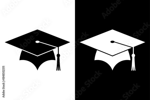 Graduation Cap Silhouette Icon. Academic Hat and Diploma Vector in Black and White
