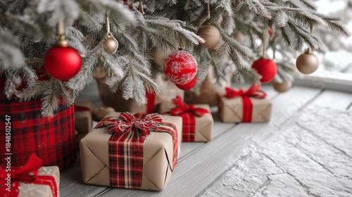 Detailed view of holiday gifts and red plaid bows beneath a flocked fir tree