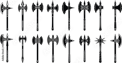 Fantasy battle axes silhouettes collection, medieval double headed axe weapons, warrior equipment designs, historical and mythological arms illustration, black axe vector set