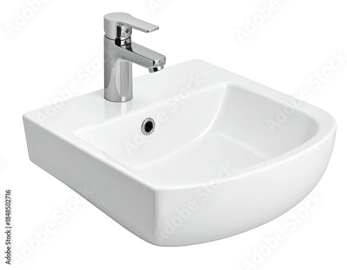 White, corner-mounted ceramic sink with chrome faucet