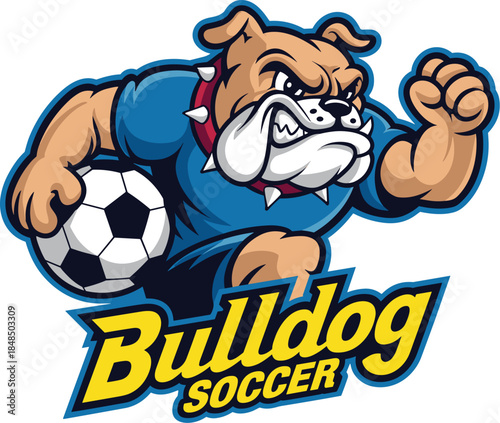 Strong bulldog soccer mascot character running with football on yellow background for sports team logo design athletic club branding competitive spirit school tournament marketing illustration