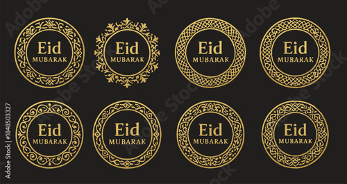 Premium Gold Eid Mubarak Ornamental Labels and Arabic Style Mandala Calligraphy Badge Collection