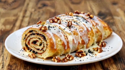 Delicious Swiss Roll Cake Drizzled With Cream And Nuts.