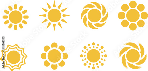 Sun icons collection, yellow solar symbols set, modern sunshine logos, weather energy graphics, minimal flat design vector illustration pack