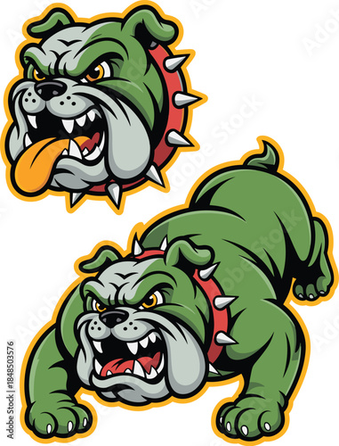 Angry green bulldog mascot character showing sharp teeth and spiked collar for sports team logo design aggressive dog illustration for school mascot branding gaming avatar and athletic apparel