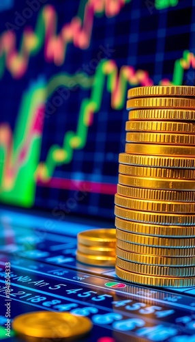 Stack of gold coins on digital interface showing market trends,  coins,  economy