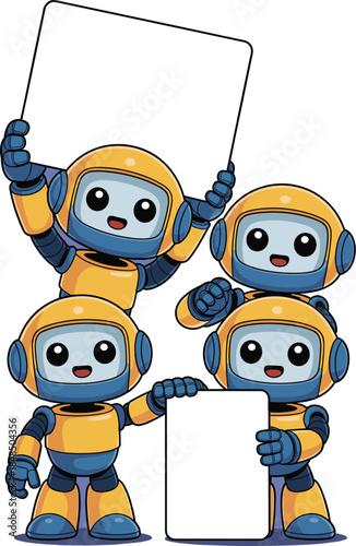 Cute robot team holding blank white signboards for message and notification cute robotic characters group showing empty banner for marketing advertisement and futuristic technology presentation
