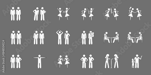 Simple white stick figures depicting various human interactions and poses