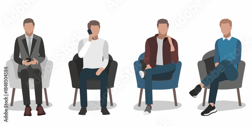 Four men sitting in chairs each with distinct casual styles and postures