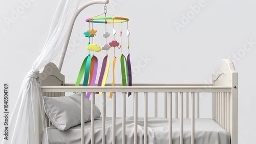 Gentle Nursery Scene With Baby Crib And Mobile.