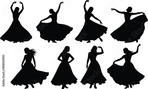 Female dancer silhouette vector set, elegant women performing various traditional and folk dance moves, graceful lady in flowing long dress icons, isolated 
