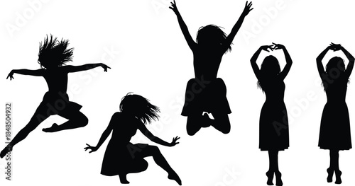 Female Dancer Silhouettes Vector Set, Featuring Women in Various Energetic and Elegant Action Poses, Ideal for Dance Studio, Music, and Performance 
