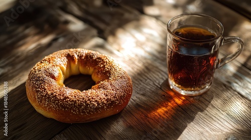 Fototapeta Naklejka Na Ścianę i Meble -  A Turkish simit, a circular bread encrusted with sesame seeds, on a wooden surface, next to a small glass of black tea, classic Istanbul street food, rustic and authentic, warm morning light. 
