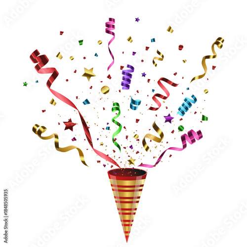 Celebration Party Popper Exploding With Multicolor Streamers And Confetti Vector Illustration on Transparent Background