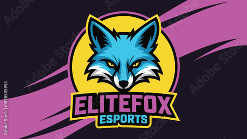 Elite Fox Esports gaming mascot logo design featuring blue fox head on yellow circle background for professional competitive team branding gaming community stream overlay and digital marketing