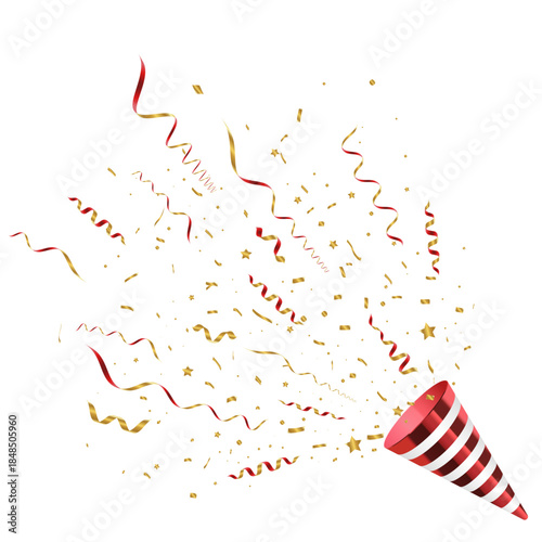 Festive Confetti Cone With Golden and Red Ribbons And Confetti Explosion Isolated On White Background