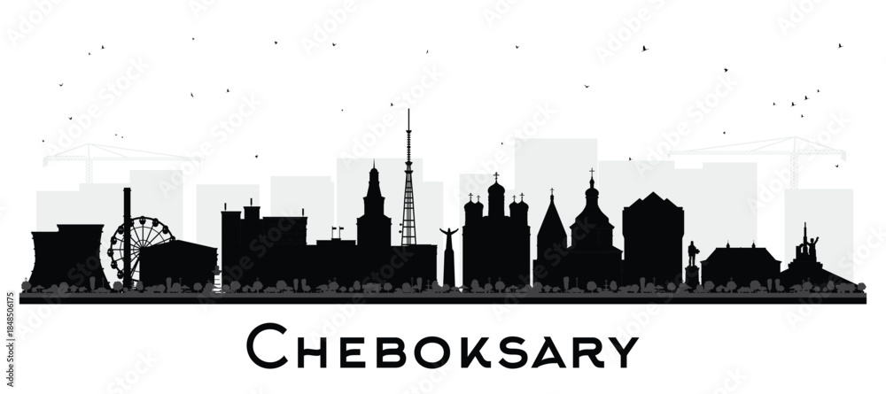 Naklejka premium Cheboksary Russia city skyline silhouette with black buildings isolated on white. Illustration. Cheboksary cityscape with landmarks. Travel and tourism concept with modern and historic architecture.