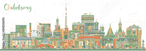 Cheboksary Russia city skyline with color buildings. Illustration. Cheboksary cityscape with landmarks. Business travel and tourism concept with modern and historic architecture.