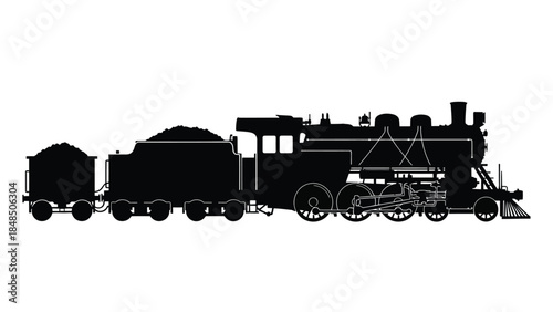 A detailed silhouette of a vintage steam train with two coal cars
