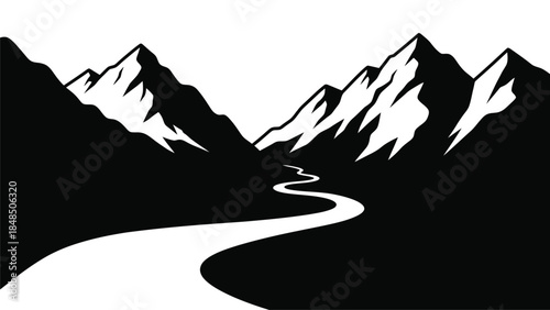 A stark black and white illustration of mountains and a winding river valley