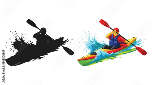 Colorful kayak illustration with a silhouette and vibrant water splash effect