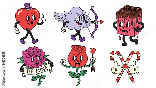Cute vector tattoo set featuring cartoon skulls, hearts, flowers and animals in a fun love themed illustration