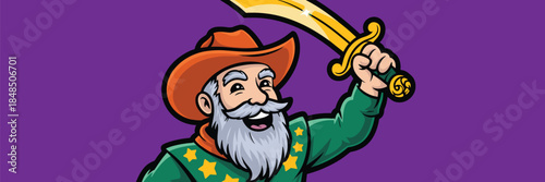 Cartoon pirate mascot character with gray beard and cowboy hat holding golden scimitar sword on purple background for gaming logo branding adventure fantasy sports team and children book design