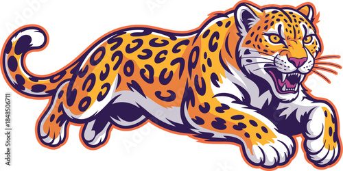 Jaguar mascot logo jumping leopard panther character illustration for sports team branding fierce growling wild cat predator symbol power strength agility graphic for gaming apparel and merchandise