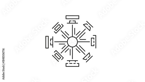 Abstract geometric diagram with interconnected lines and blocks illustrating a centralized
