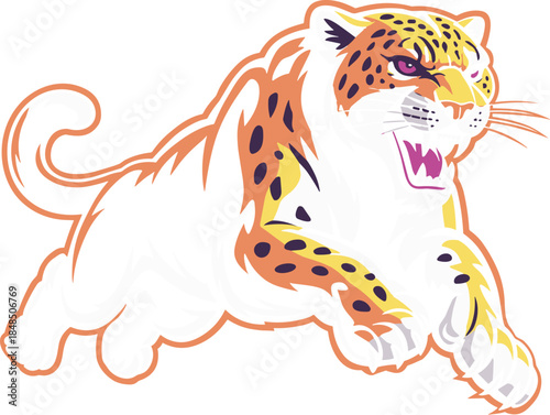 Jaguar mascot logo jumping showing aggressive panther growl for sports team branding fierce leopard wildcat illustration for gaming esports apparel design predatory big cat animal icon vector