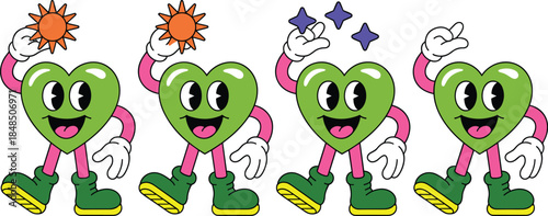 Retro green heart mascot character set with sun and stars in vintage rubber hose cartoon style for creative branding projects playful 1930s aesthetic illustration for social media marketing