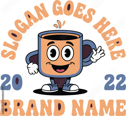 Retro cartoon coffee mug mascot character waving hand with vintage badge logo design for cafe branding and morning energy concept illustration in classic rubber hose style for apparel and merch
