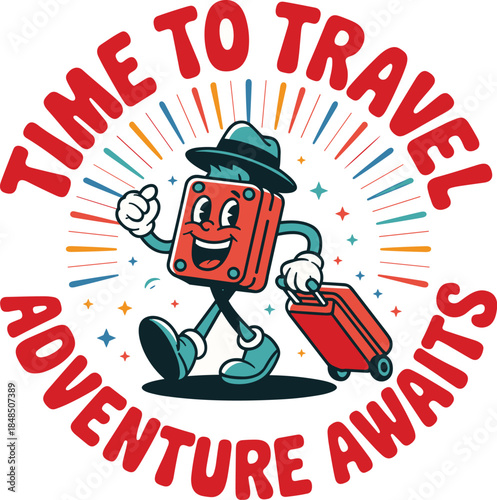 Retro cartoon suitcase character walking with luggage for summer vacation adventure awaits time to travel concept illustration for tourism marketing and holiday trip agency branding design assets