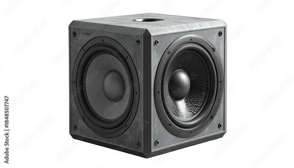 Fototapeta premium Cube-shaped speaker with woofers on three visible faces, textured grey finish