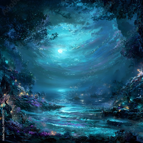 Enchanting Ocean Scene Featuring a Mermaid in a Moonlit Lagoon with Bioluminescent Water, abstract background with space