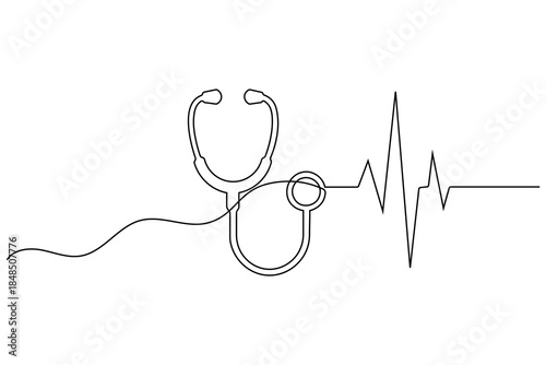 Stethoscope and heartbeat pulse line in minimalist one line drawing for medical healthcare concept