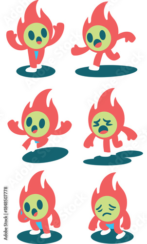Cute fire character mascot set with various emotions and actions including running jumping and feeling sad flat cartoon flame illustration for branding gaming apps and educational child safety