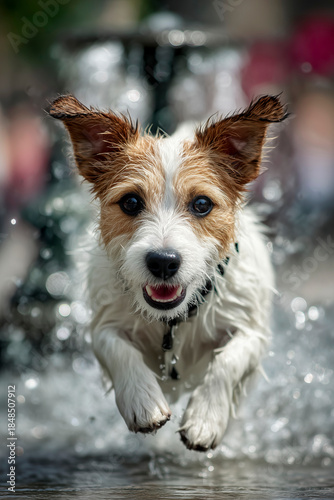 Happy dog ​​is running in the water